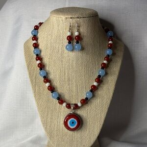 Handcrafted Red/Blue Evil Eye Necklace and Earring Set